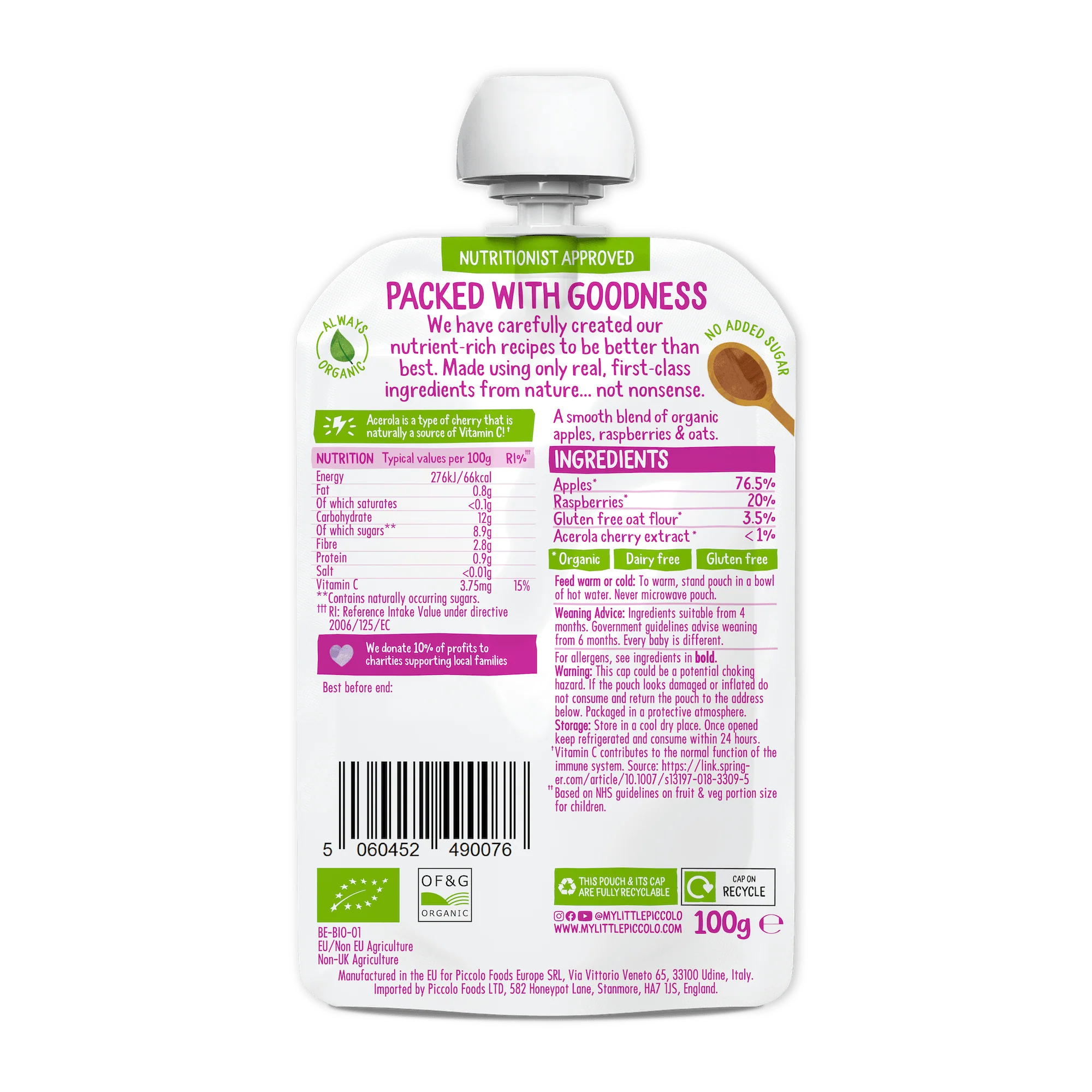 Piccolo Organic Apple & Raspberry Baby Food Pouch 100g 4m+ - Image 2
