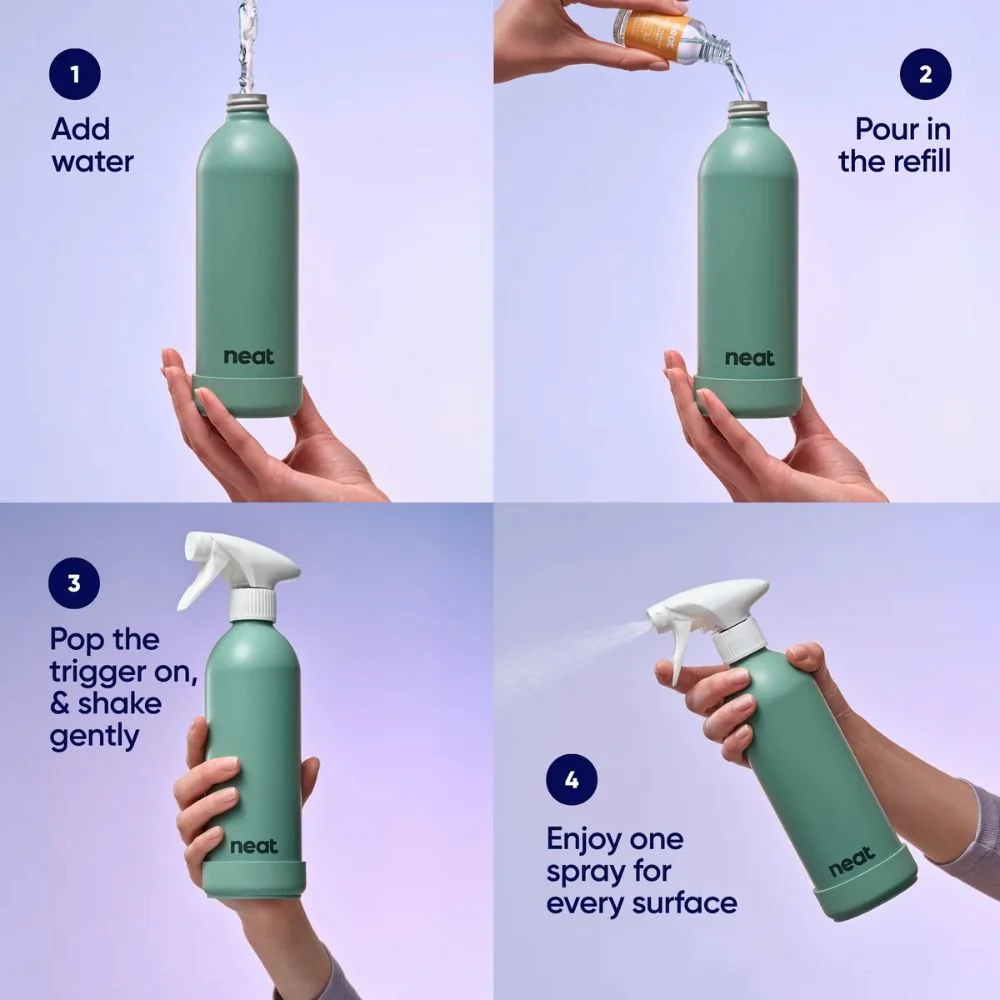 Neat Refillable Cleaning Spray Bottle – Recycled Aluminium, 470ml (Stone, Midnight, Sage) - Image 2